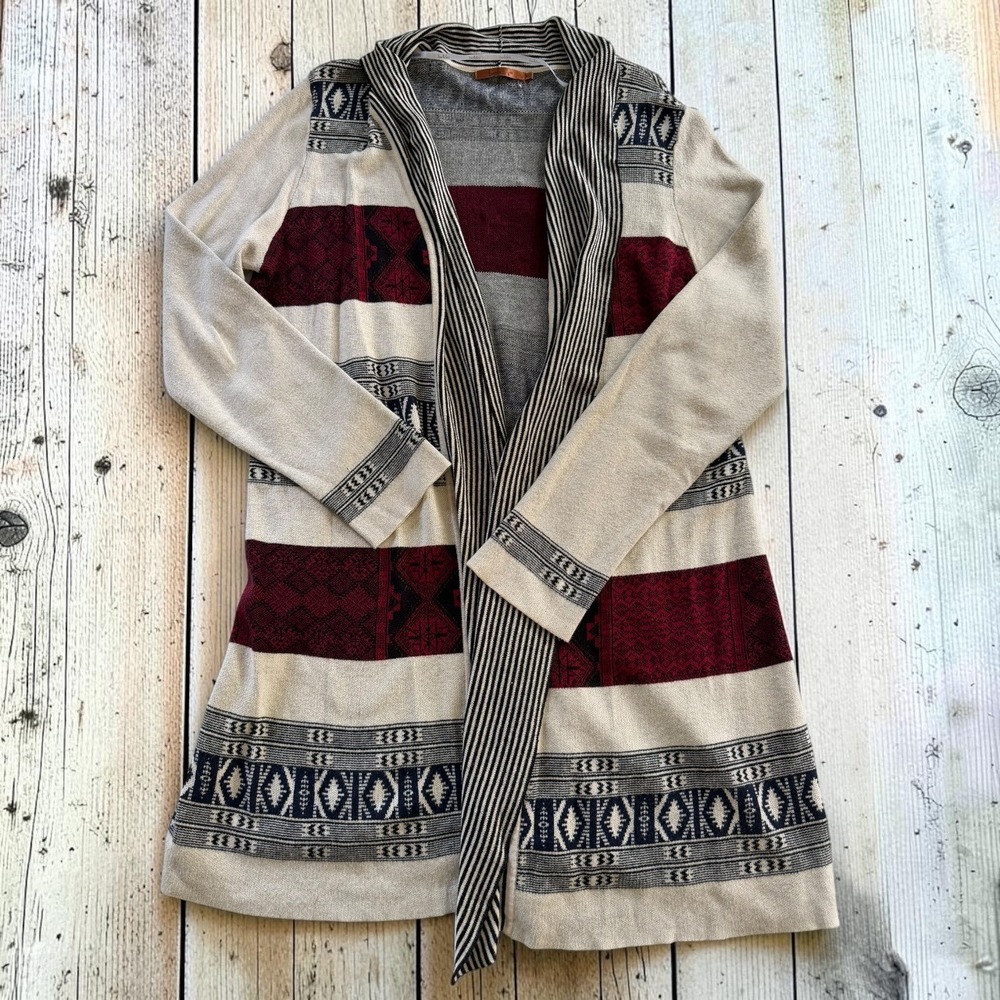 Aztec Geometric Open Front Cardigan Striped Knit Red Navy Women XL Belldini